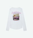 Photoprint Henley T-shirt - Women’s long-sleeved white cotton Henley T-shirt with Pink Car photoprint on the back.