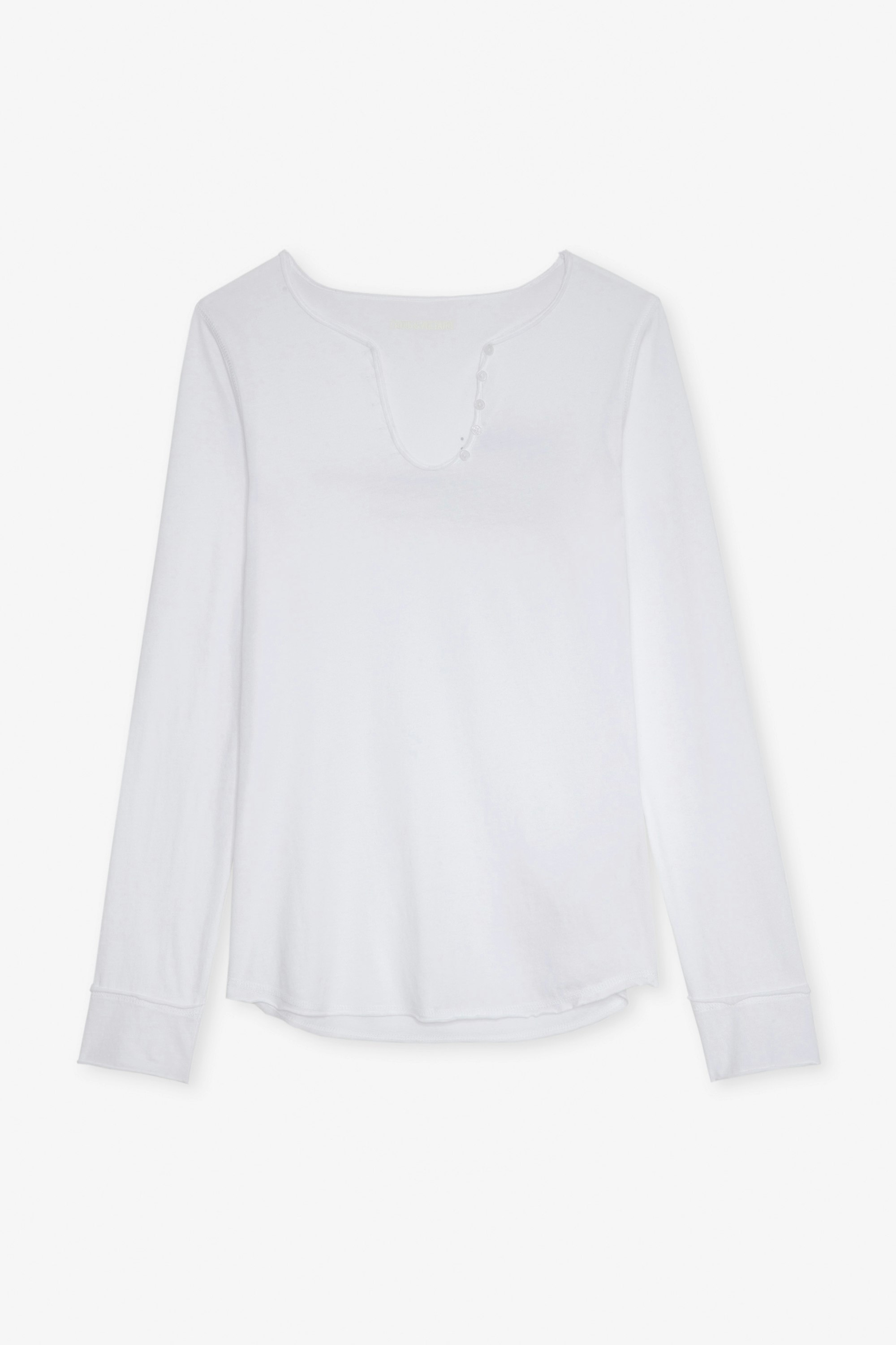 Karlek Henley T-Shirt - Women’s long-sleeved white cotton Henley T-shirt with “Karlek” definition print on the back.