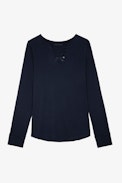 Camiseta Tunisien C'est La Faute À Voltaire - Camiseta azul marino de algodón de manga larga y con cuello panadero estampado «C'est La Faute À Voltaire» en la parte trasera para mujer.