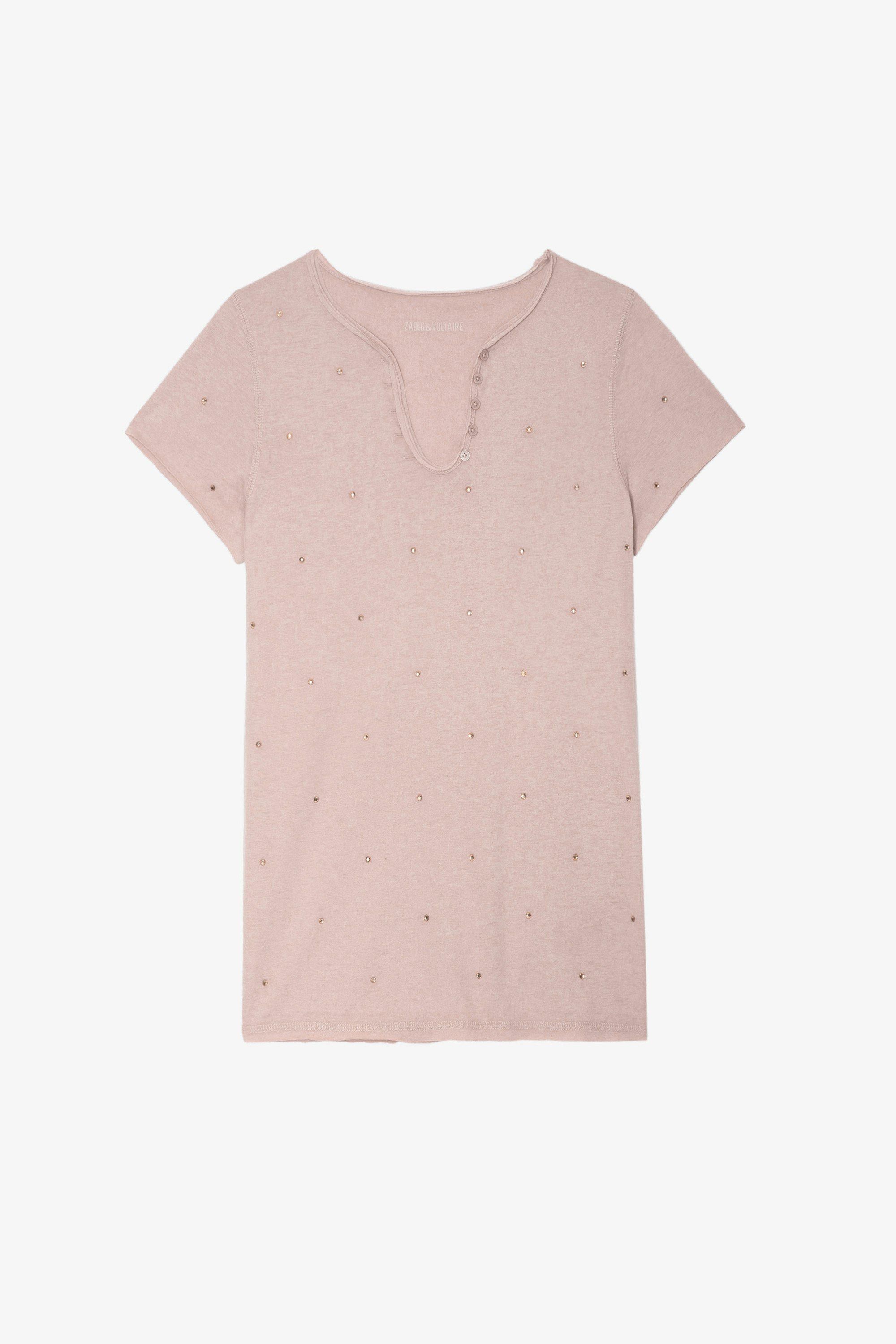 Diamanté Henley T-shirt - Women’s pink diamanté Henley T-shirt.