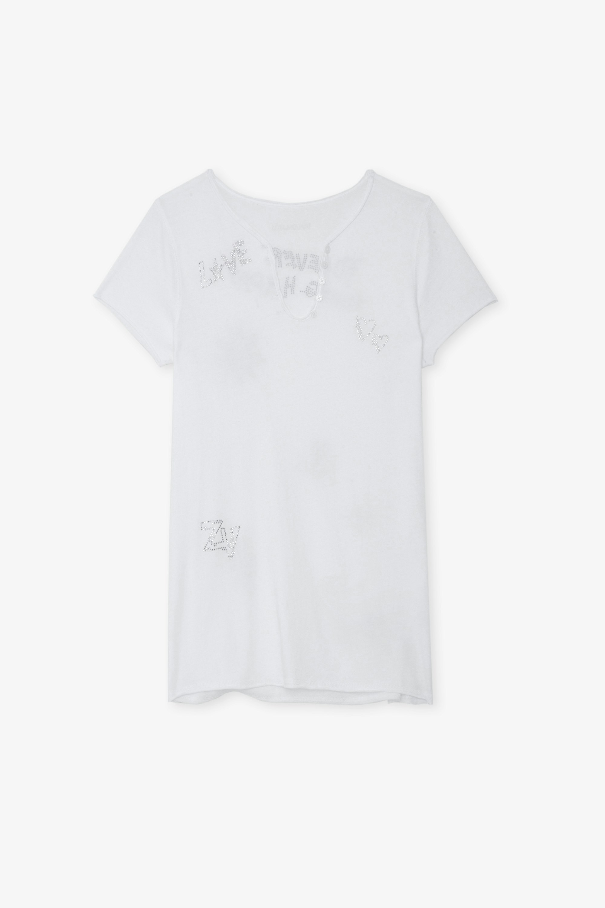 Serafino Strass - T-shirt serafino in cotone bianco con maniche corte e motivi ornati di strass.