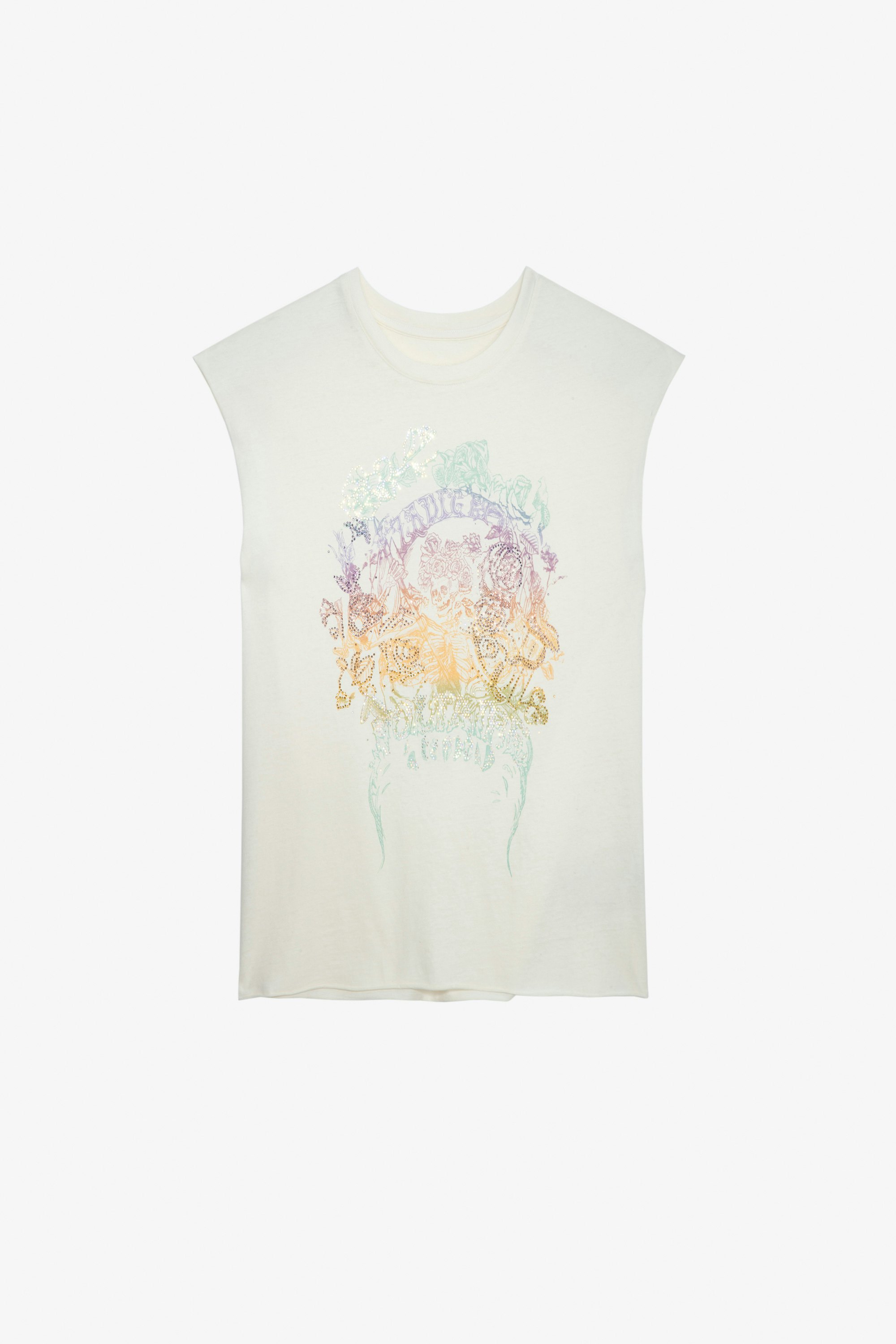 Camiseta Cecilia Strass Camiseta de color crudo de tirantes de algodón con estampado de calaveras y strass para mujer
