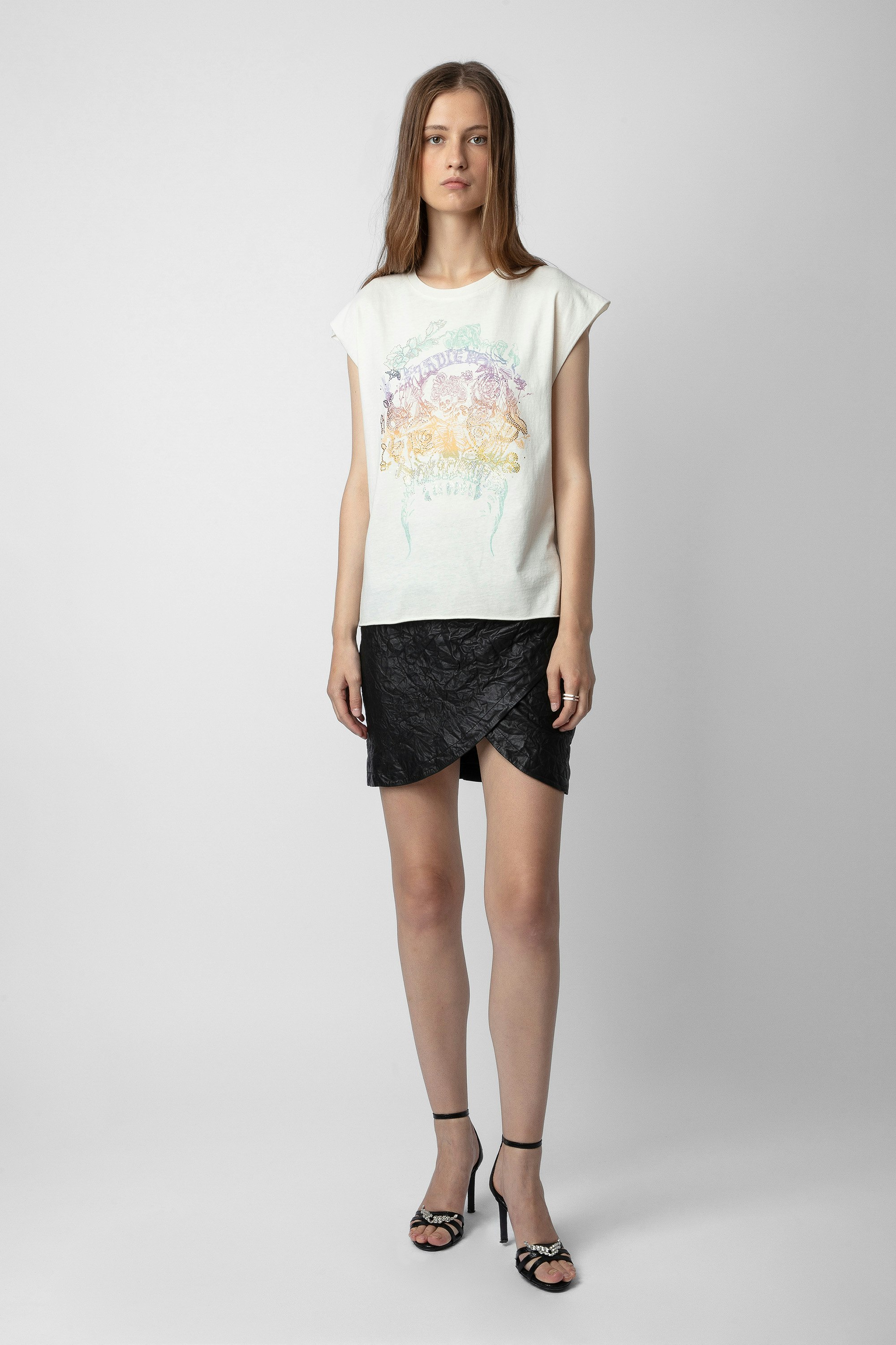 Camiseta Cecilia Strass - Camiseta de color crudo de tirantes de algodón con estampado de calaveras y strass para mujer