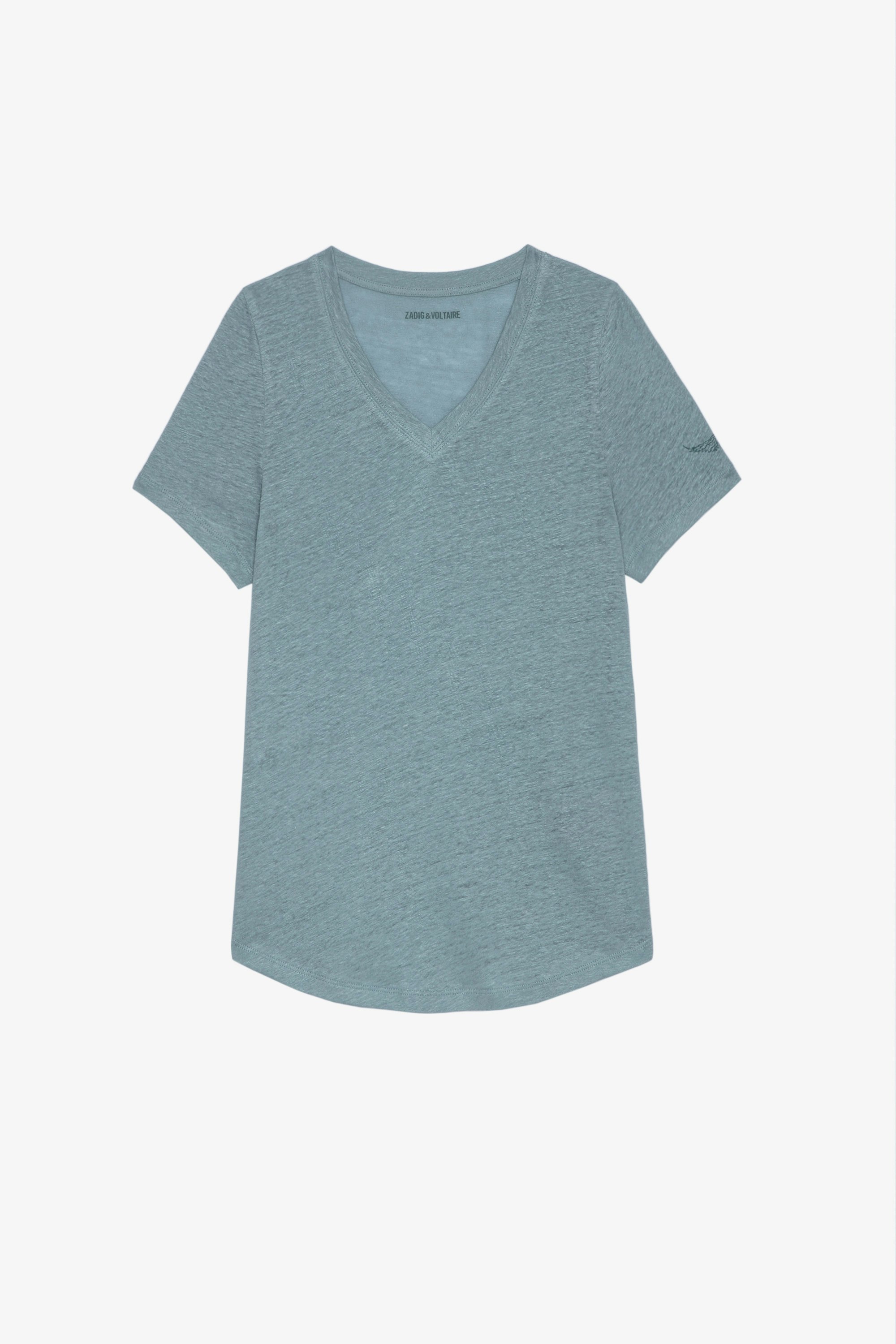 T-Shirt Atia Wings Leinen Himmelblaues Damen-T-Shirt aus Baumwolle mit V-Ausschnitt und langen Ärmeln