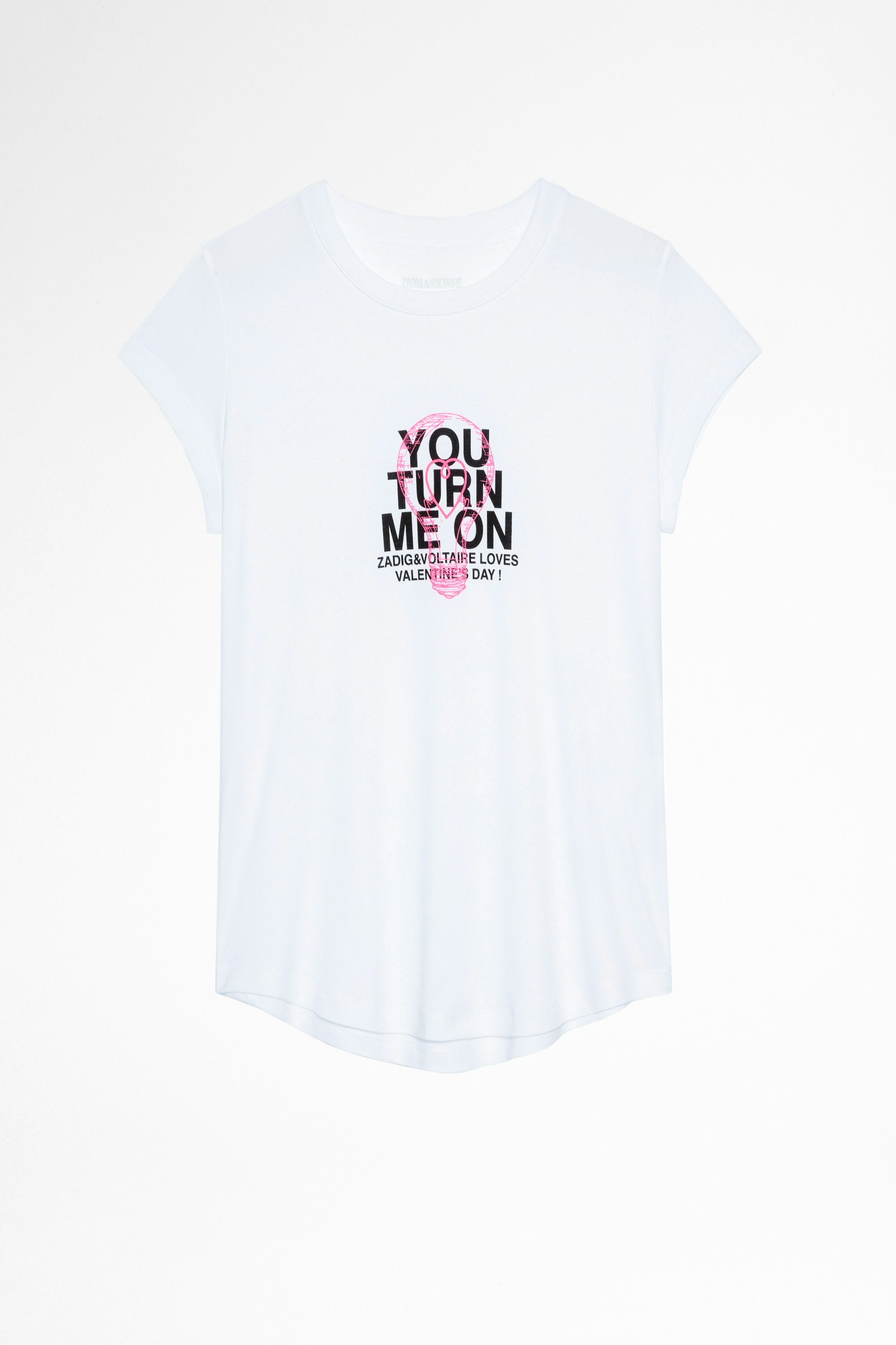 Woop you turn me on T-shirt Women's white cotton T-shirt with You turn me on slogan. Made with fibers from organic farming.