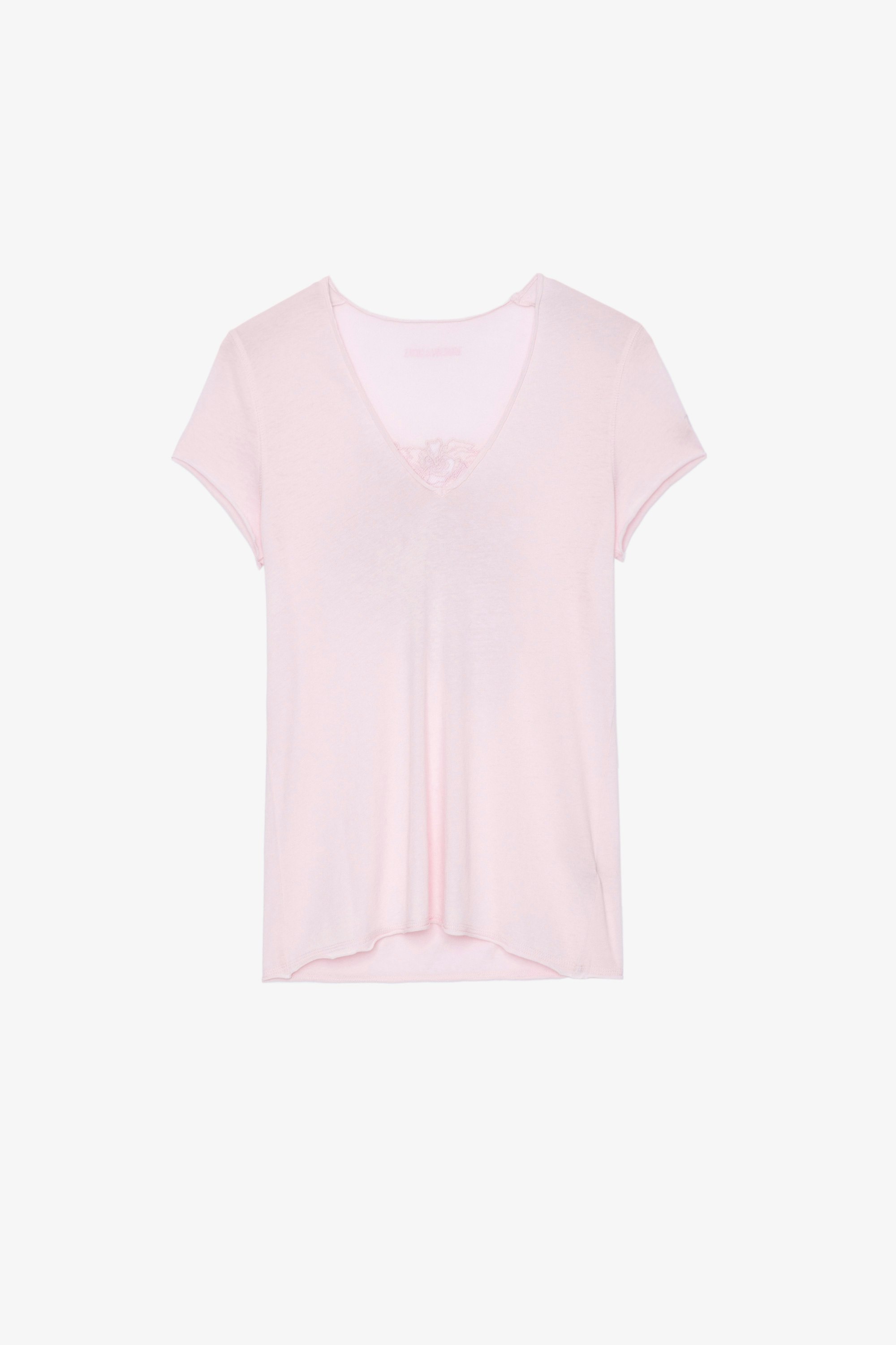 T-Shirt Story Fishnet T-shirt in cotone rosa chiaro decorata con teschio e fiori sulla schiena, Donna