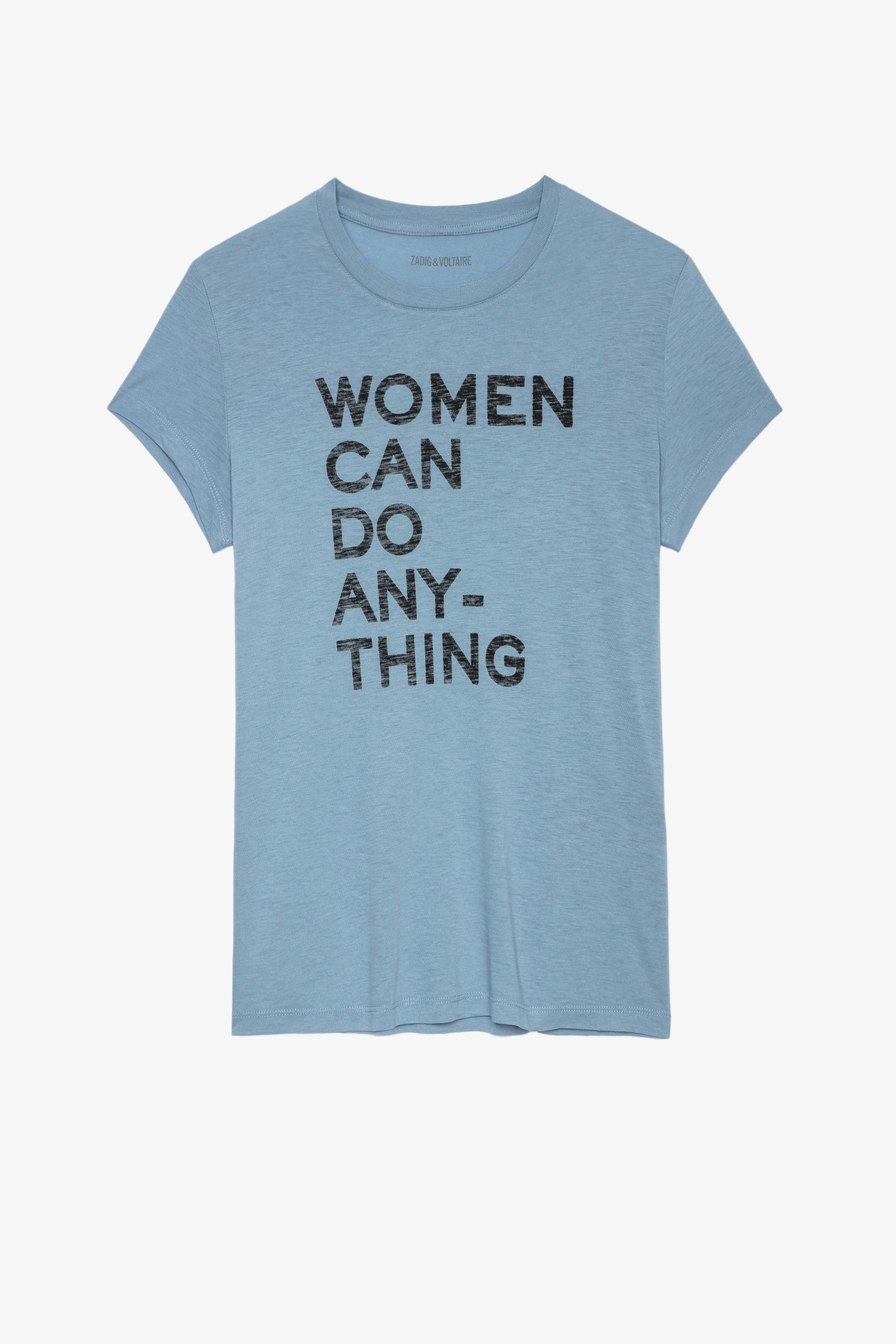 Walk Women can do anything T-shirt Women's blue cotton T-shirt with 'Women can do anything' slogan