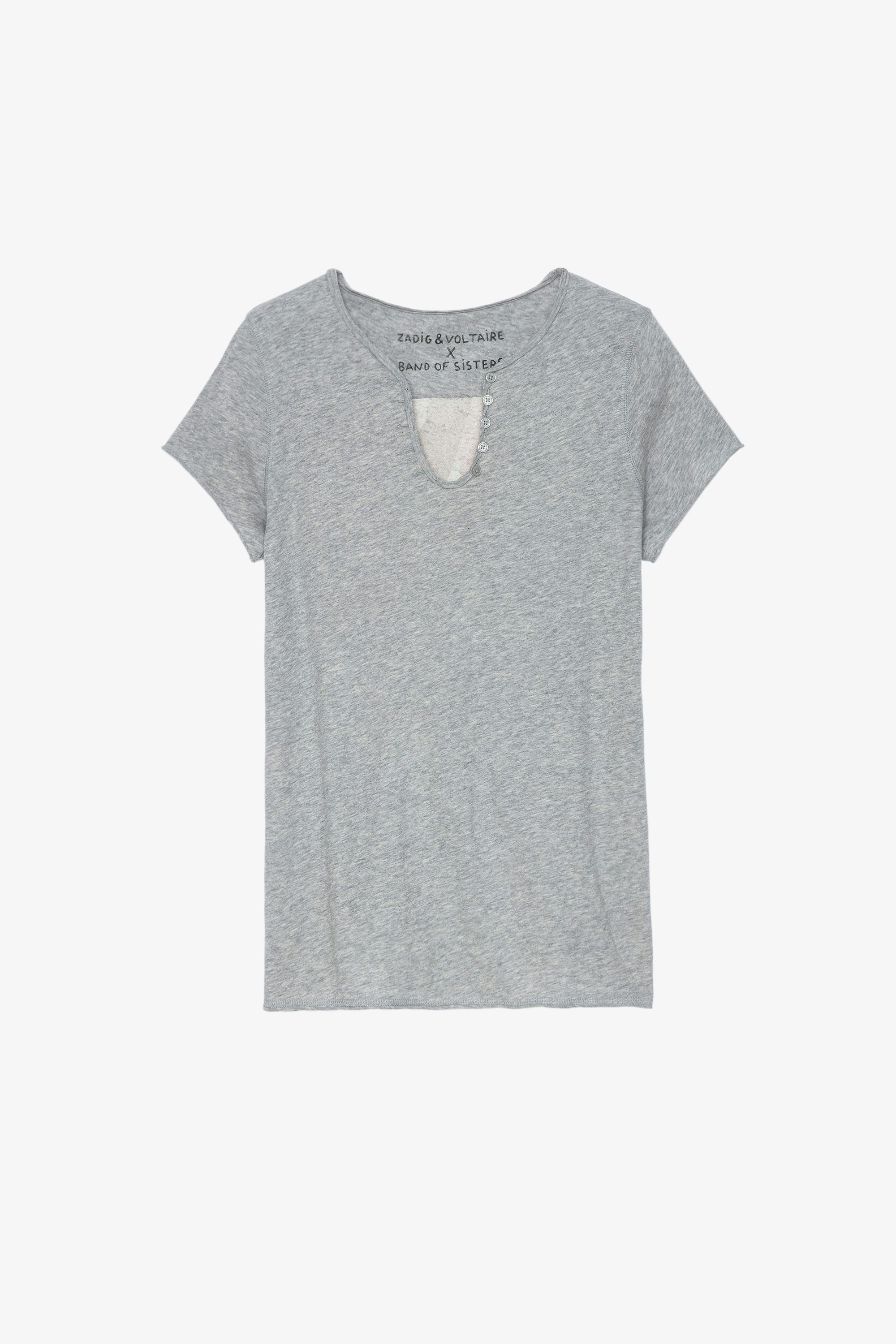 Band of Sisters Henley Ｔシャツ Women’s grey marl cotton T-shirt with Henley collar and Band of Sisters print
