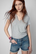 Band of Sisters Henley T-shirt - Women’s grey marl cotton T-shirt with Henley collar and Band of Sisters print