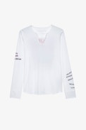 Band of Sisters Henley T-shirt - Women’s white marl motorbike Band of Sisters print T-shirt with Henley collar