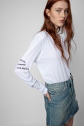 Band of Sisters Henley T-shirt - Women’s white marl motorbike Band of Sisters print T-shirt with Henley collar