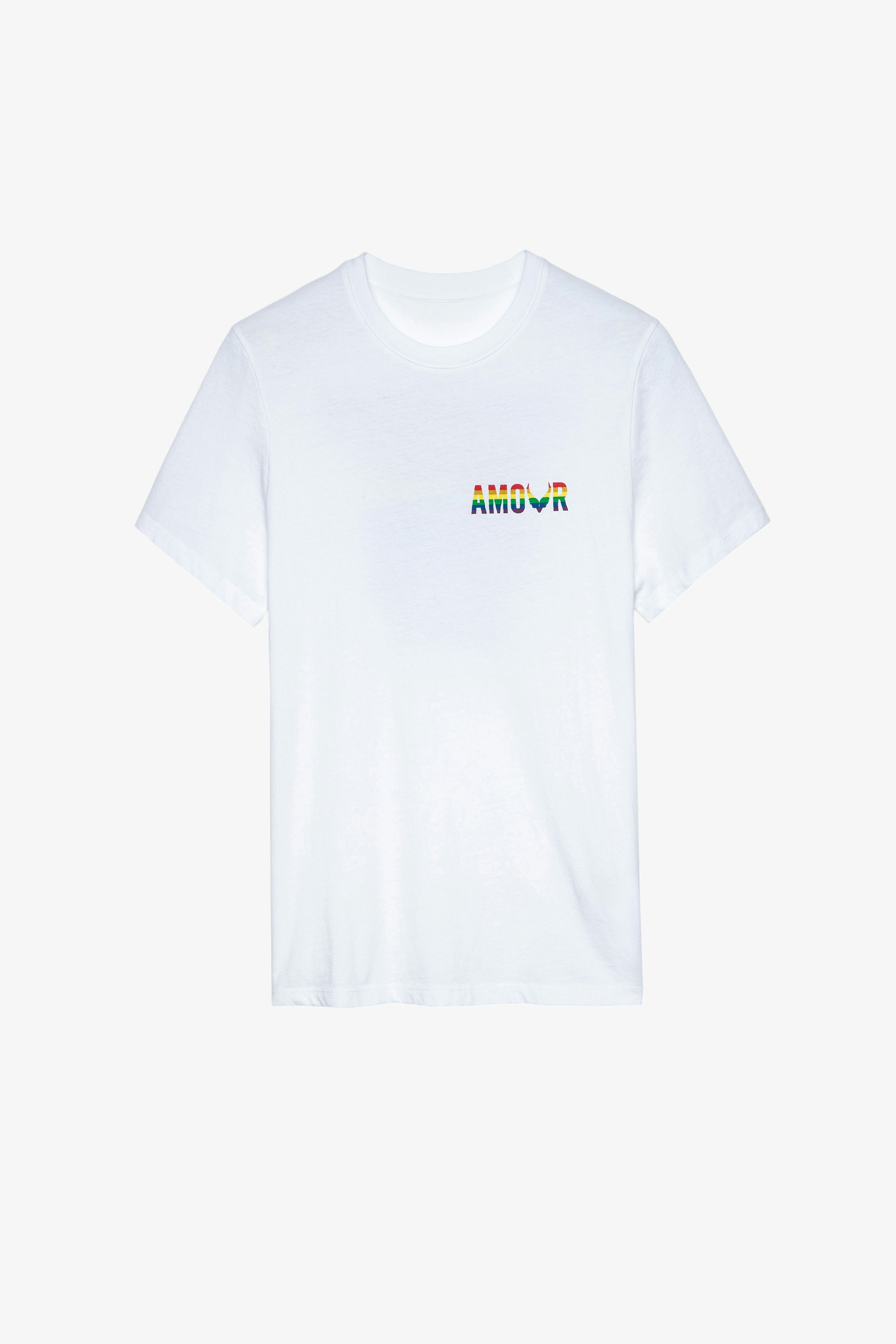 T-Shirt Tommy Amour Wings Damen-T-Shirt aus weißer Baumwolle mit mehrfarbigem Amour-Aufdruck