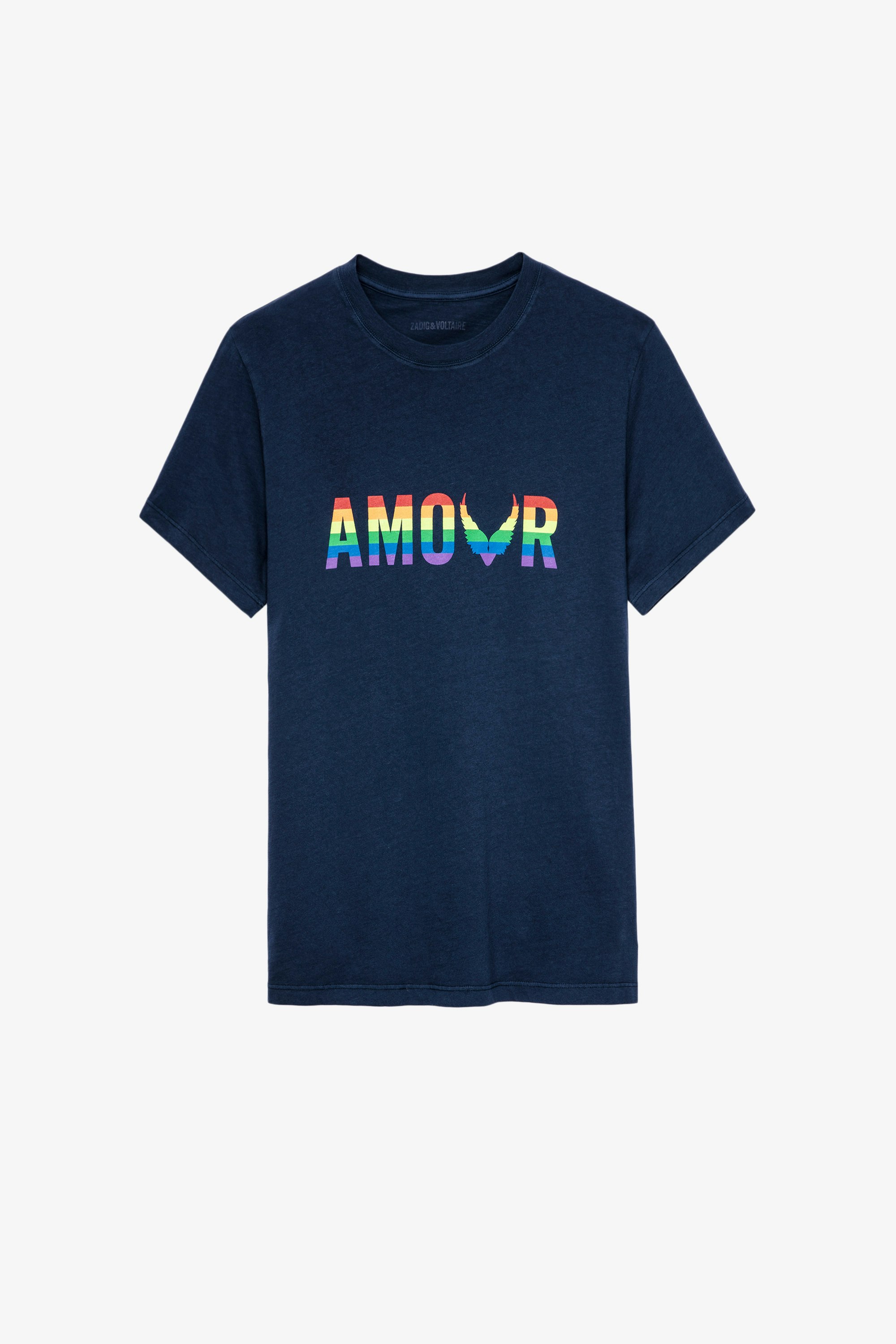 T-Shirt Tommy Amour Wings Damen-T-Shirt aus marineblauer Baumwolle mit mehrfarbigem Amour-Print