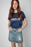 T-Shirt Tommy Amour Wings - Damen-T-Shirt aus marineblauer Baumwolle mit mehrfarbigem Amour-Print