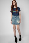 T-Shirt Tommy Amour Wings - Damen-T-Shirt aus marineblauer Baumwolle mit mehrfarbigem Amour-Print