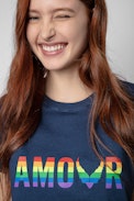 T-Shirt Tommy Amour Wings - Damen-T-Shirt aus marineblauer Baumwolle mit mehrfarbigem Amour-Print