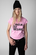 Skinny L'amour est déclaré T-shirt - Women’s pink cotton T-shirt with diamanté “Love is declared” appliqué