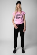 Skinny L'amour est déclaré T-shirt - Women’s pink cotton T-shirt with diamanté “Love is declared” appliqué