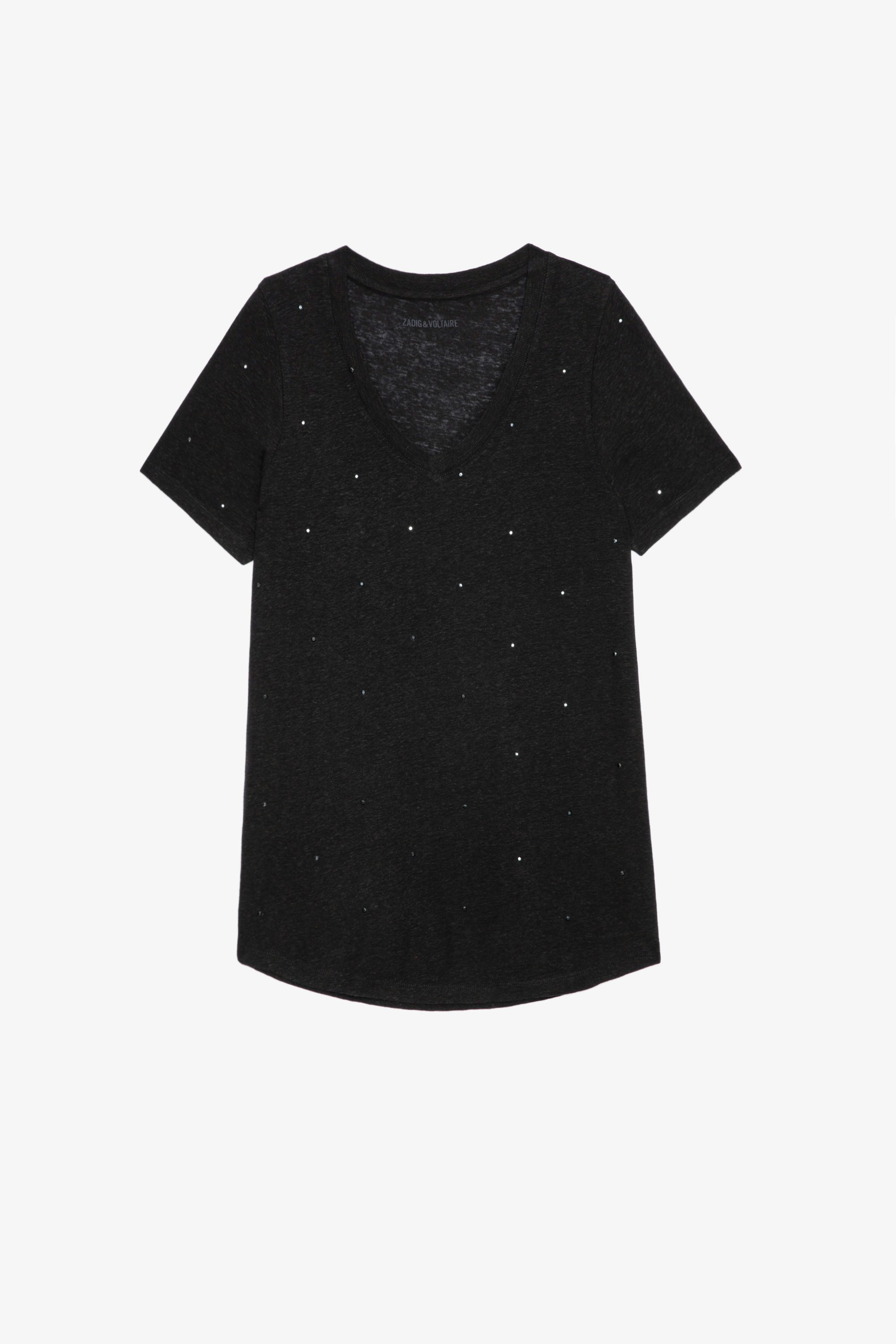 T-Shirt Atia Dots Leinen Schwarzes, mit Kristallen verziertes Damen-T-Shirt aus Leinen