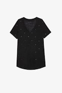 Atia Dots Linen T-shirt - Women’s black linen T-shirt with crystal embellishment