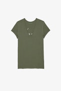 Camiseta Story Fishnet Skull Cross - Camiseta de algodón caqui de manga corta con diseño Skull en la espalda para mujer