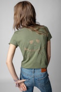 Camiseta Story Fishnet Skull Cross - Camiseta de algodón caqui de manga corta con diseño Skull en la espalda para mujer