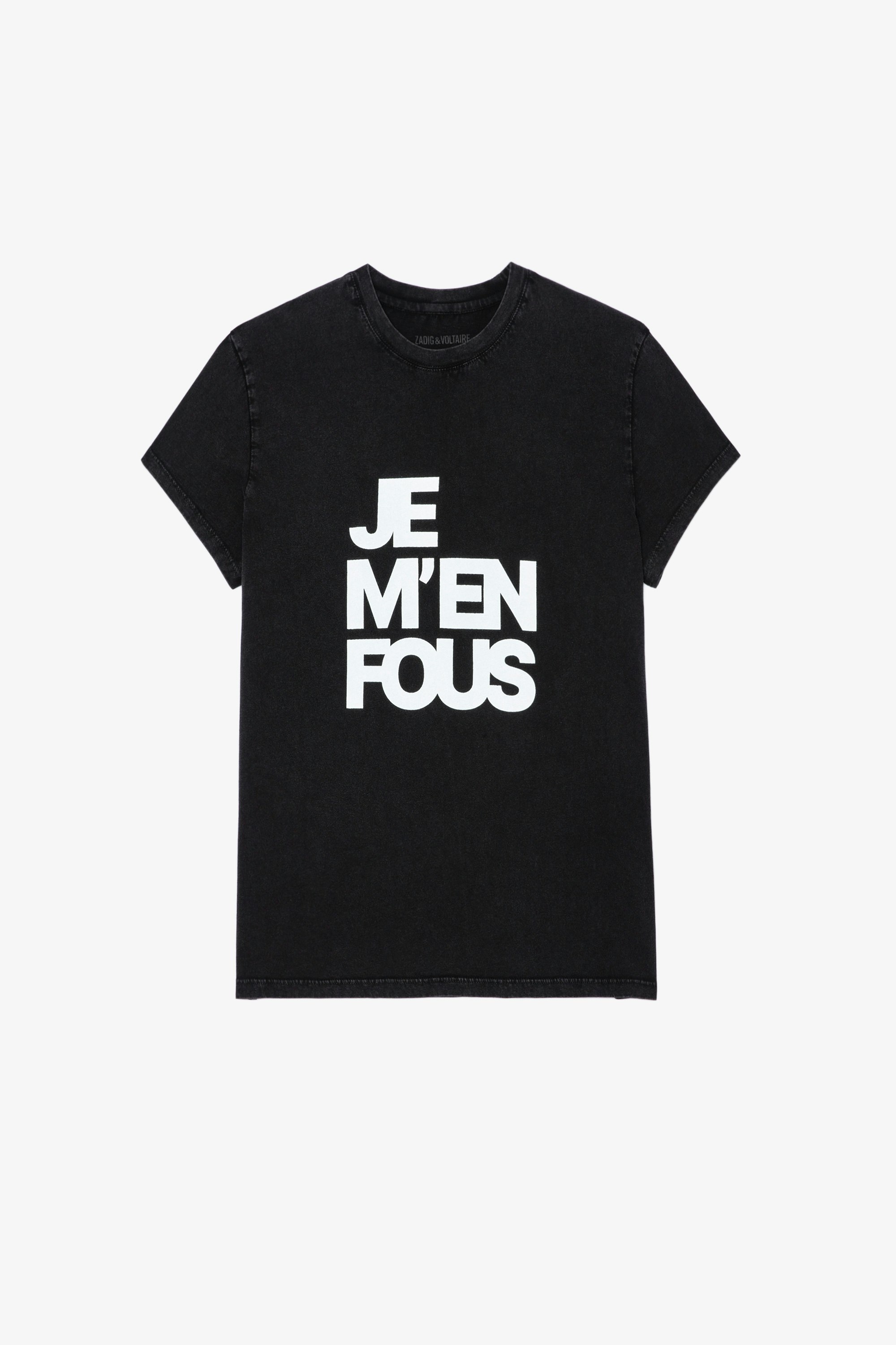 T-Shirt Zoe Damen-T-Shirt aus schwarzer Baumwolle mit der Aufschrift „Je m'en fous“