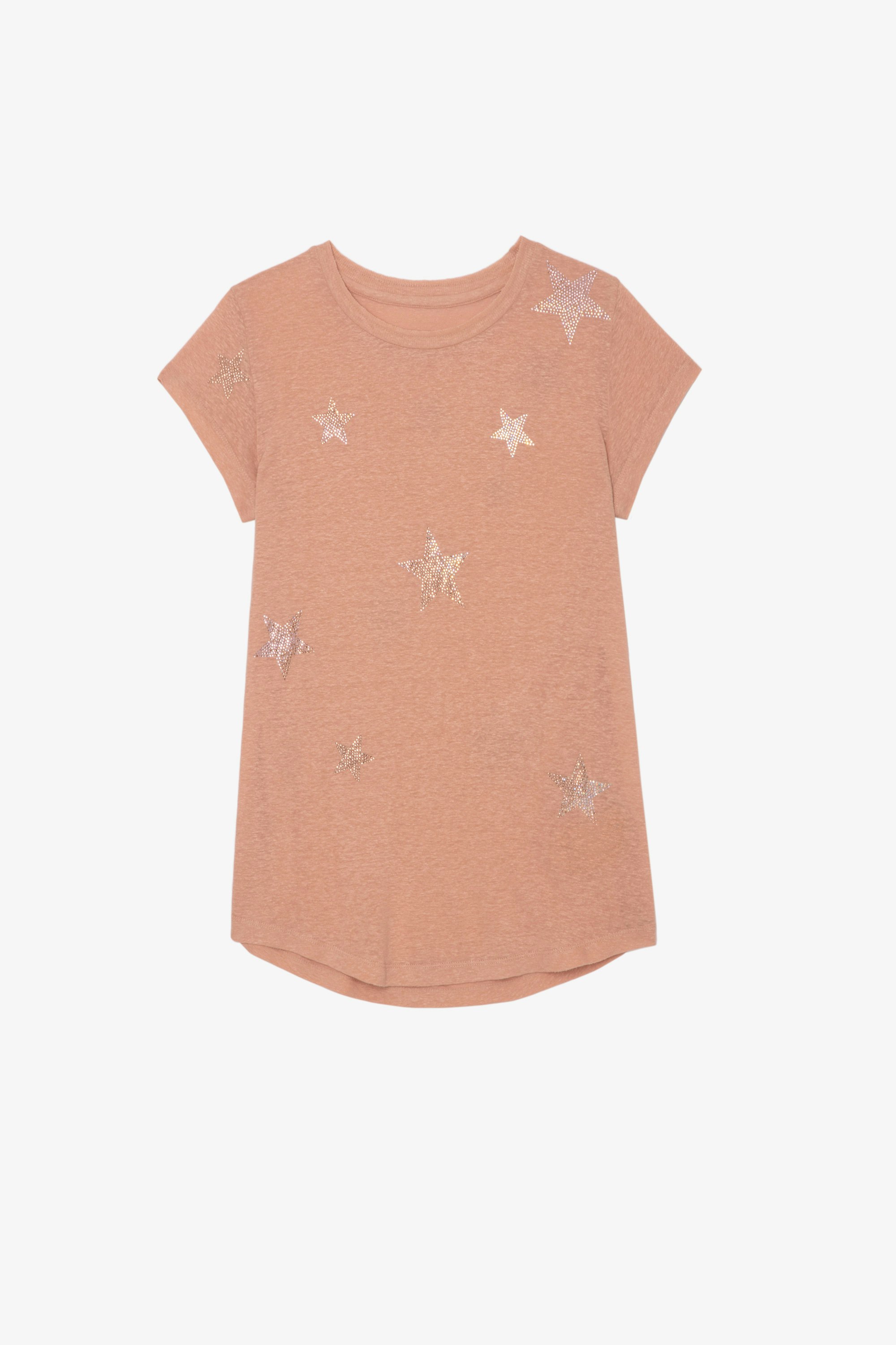 Camiseta Skinny Stars Strass Camiseta de algodón rosa de manga corta con diseño de alas ZV en la espalda para mujer