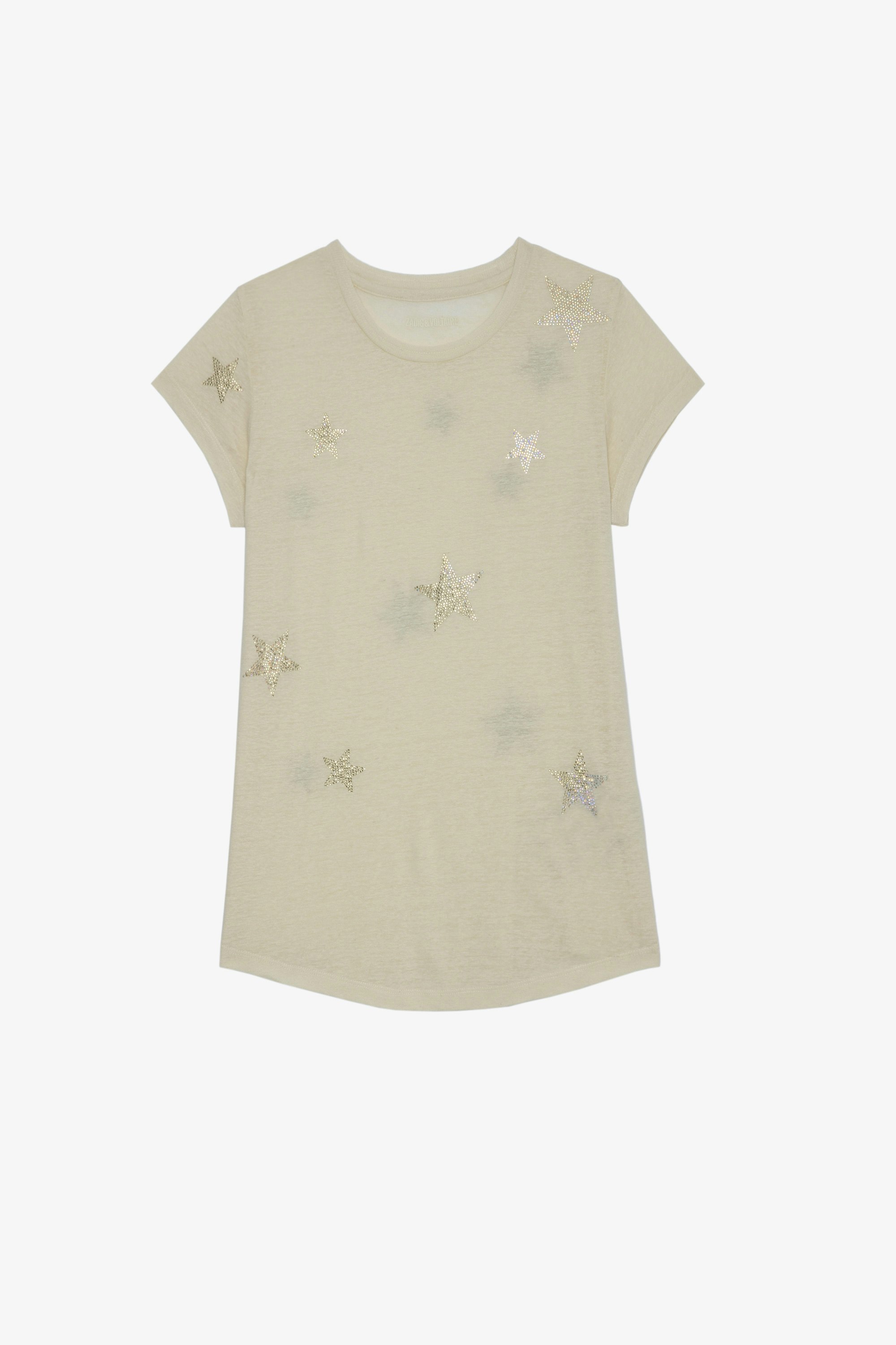 Camiseta Skinny Stars Strass Camiseta de algodón beige de manga corta con diseño de alas ZV en la espalda para mujer
