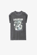 Camiseta Donate Guitare - Camiseta de algodón gris con motivos de guitarra, flores y mensaje "Act For Love" para mujer