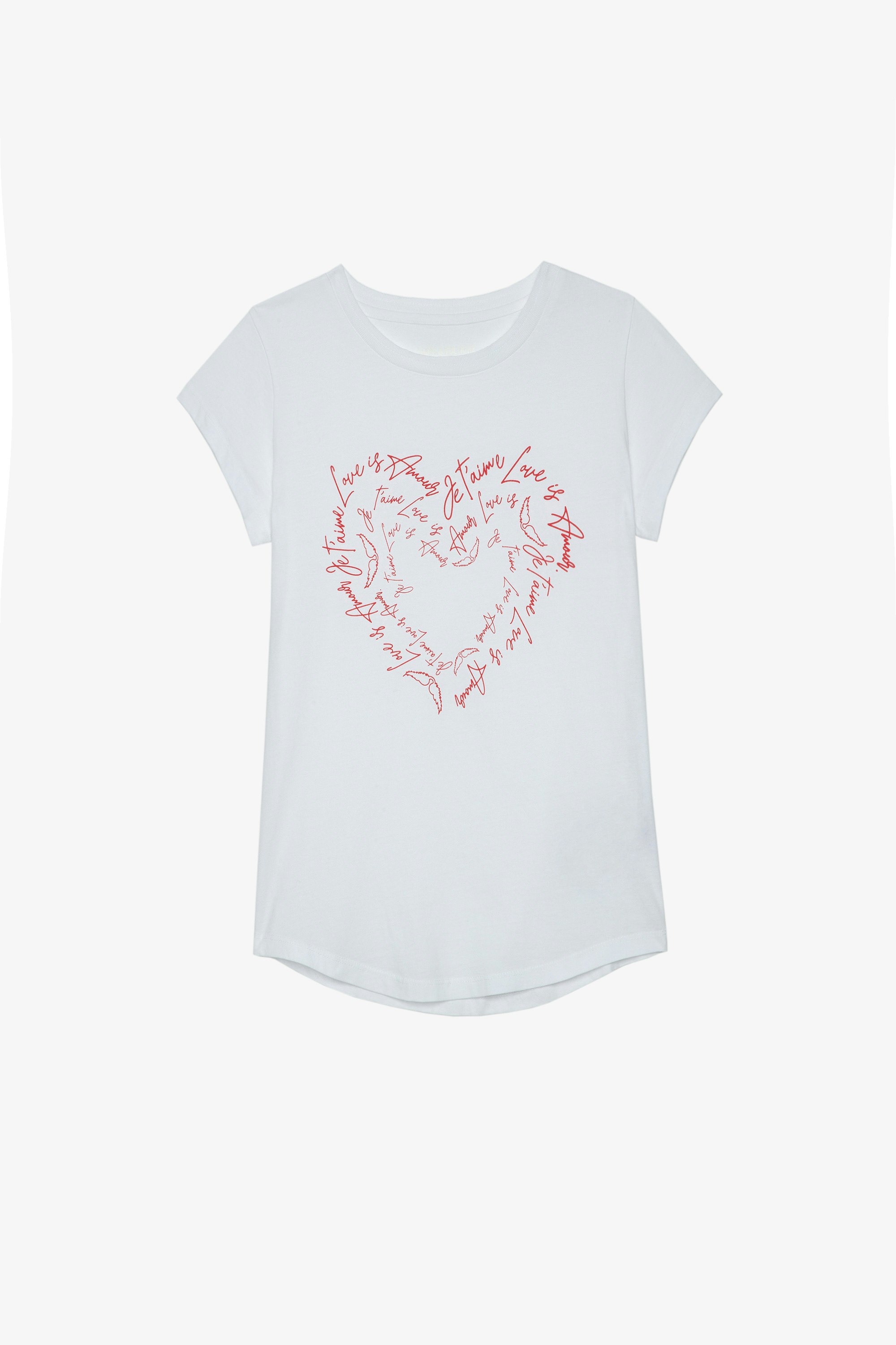 T-shirt Skinny Heart T-shirt in cotone bianco con messaggi d'amore a forma di cuore e cristalli