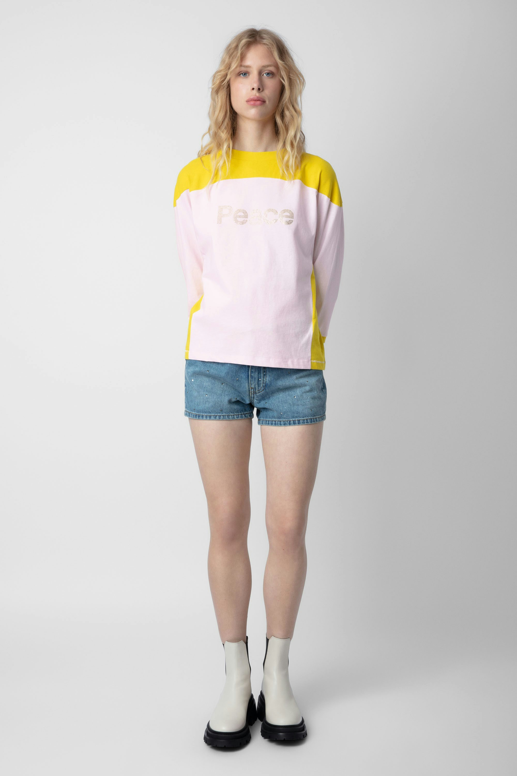 Earl T-Shirt - Women's short-sleeved yellow and ecru cotton T-shirt with contrasting print, peace slogan and diamanté detail.