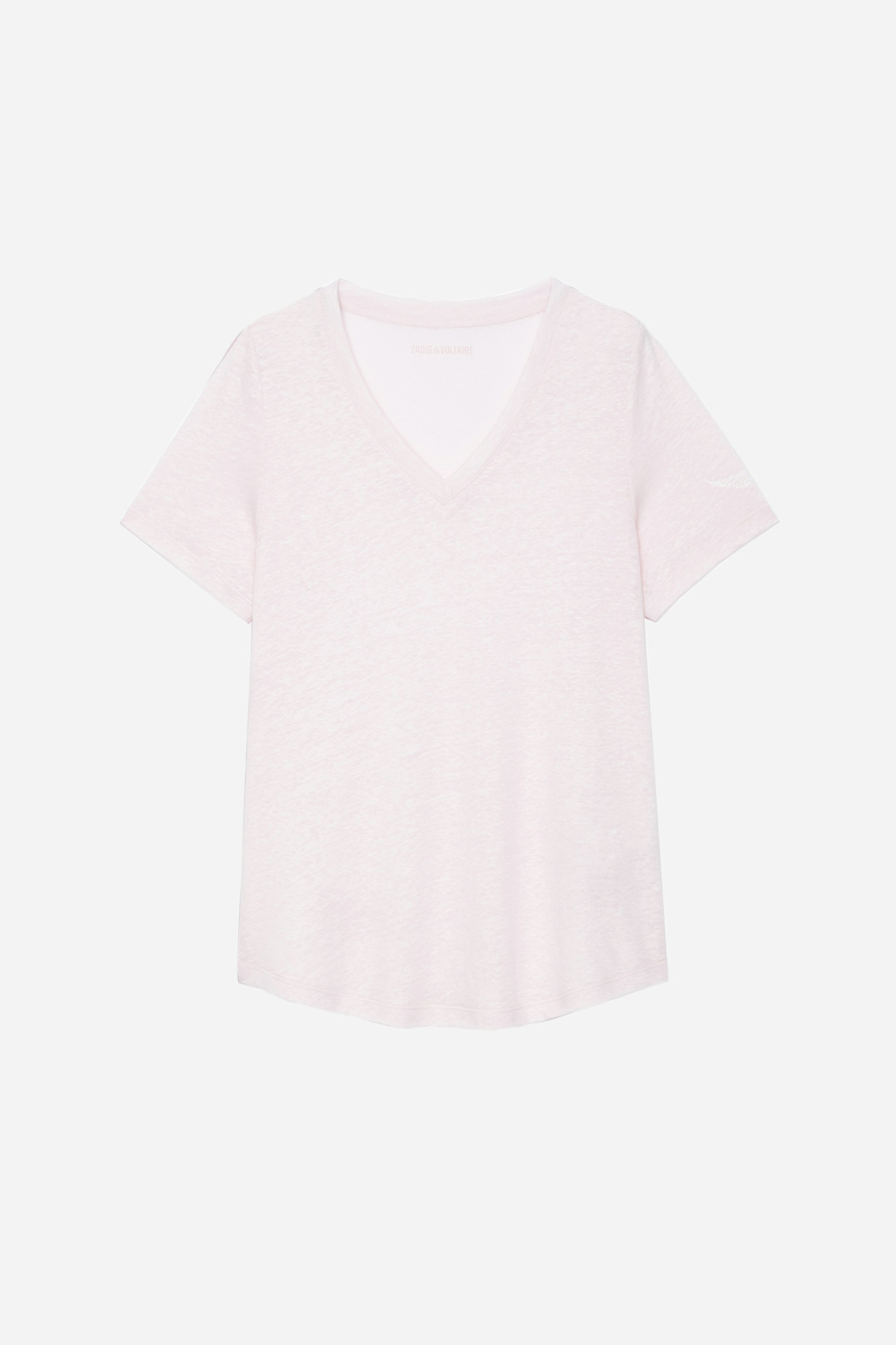 Atia Wings Linen T-shirt - Women’s light pink linen T-shirt with wings motif on the left sleeve.
