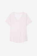 Atia Wings Linen T-shirt - Women’s light pink linen T-shirt with wings motif on the left sleeve.
