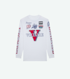 Noane Voltaire T-shirt - Unisex white cotton biker-style long-sleeved T-shirt with Voltaire badge motifs and elbow pads.