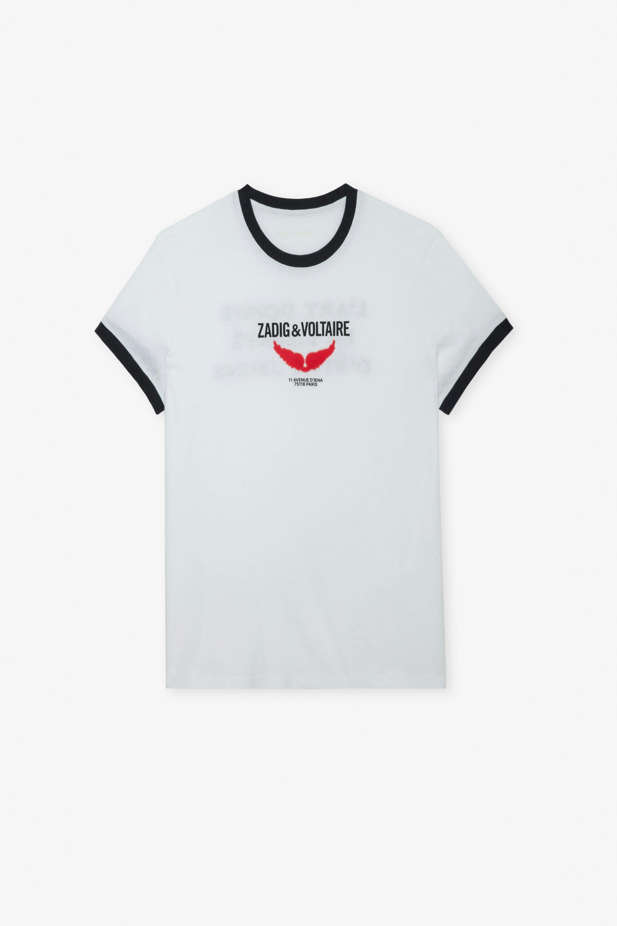T-shirt Zoe Wings Liberté - T-shirt bianca da donna con bordi contrastanti, motivi ad ali e scritta "L'art donne la liberté d'être jeune".