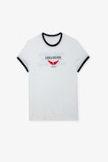 Zoe Wings Liberté T-shirt - Women’s white T-shirt with contrasting trim, wings motif and the slogan “L’art donne la liberté d’être jeune”.