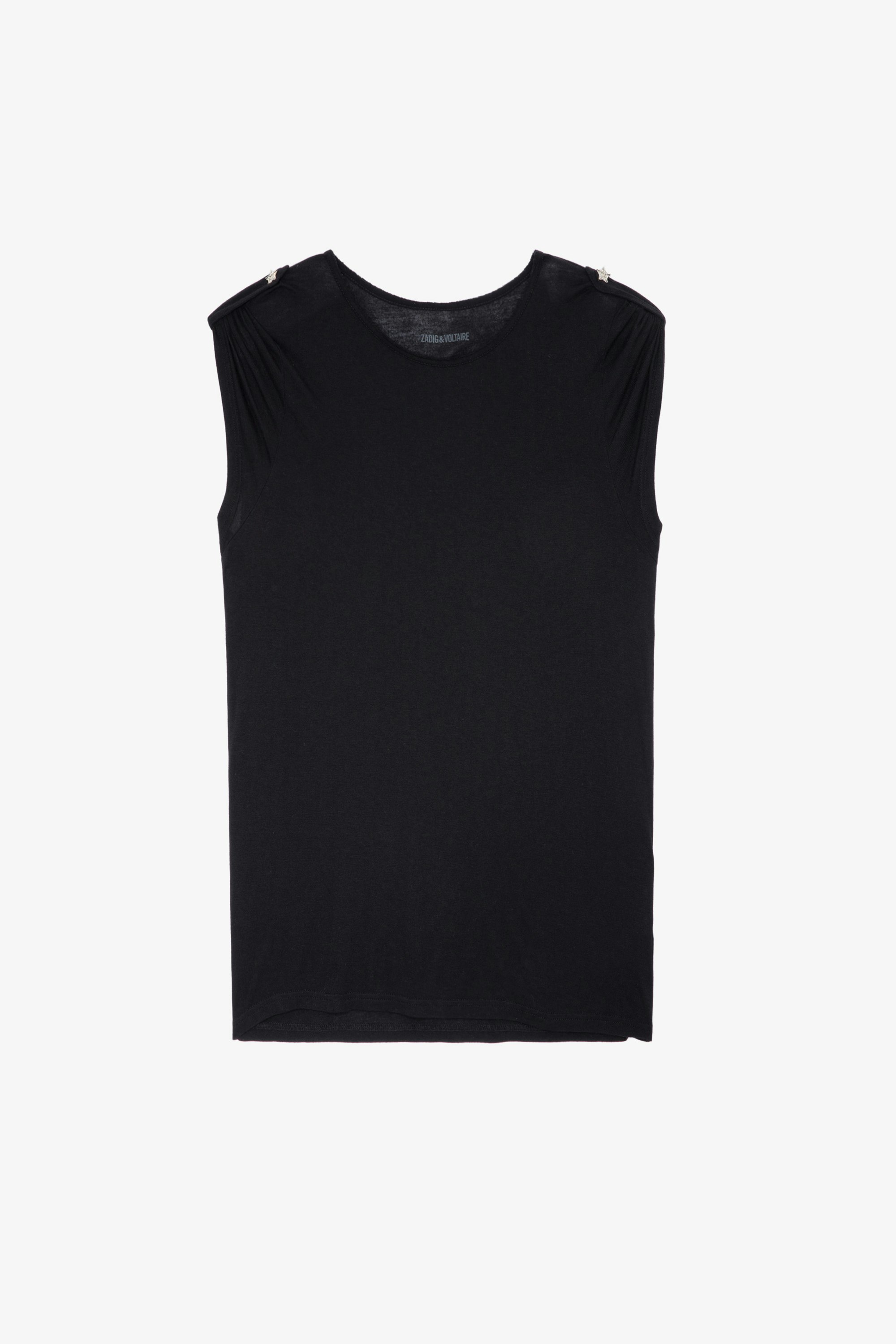 Camiseta Donate Bijoux - Camiseta negra con botones de bisutería en forma de estrella para mujer.