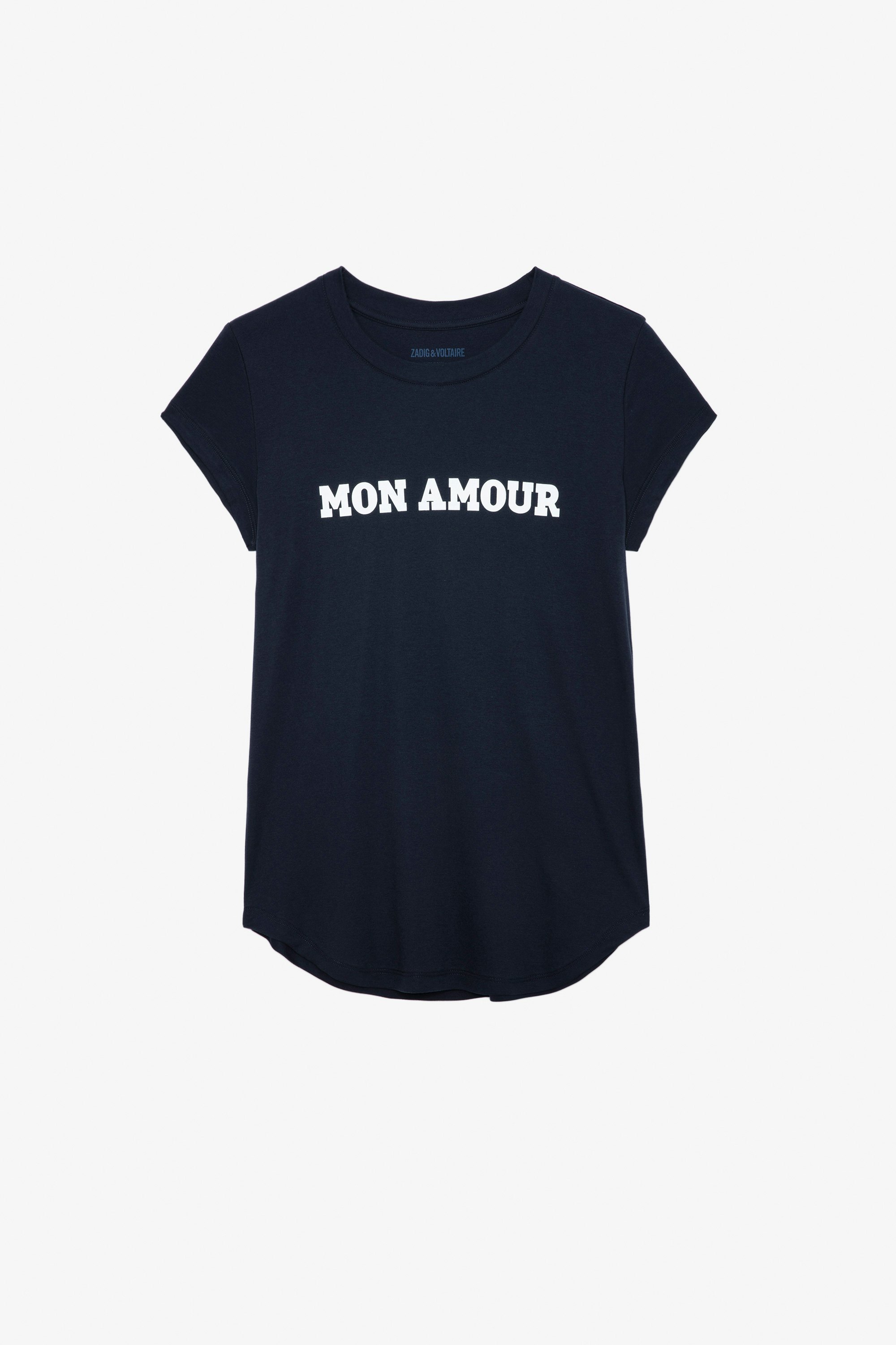 Woop Mon Amour T-shirt - Women’s navy blue cotton T-shirt with “Mon amour” slogan