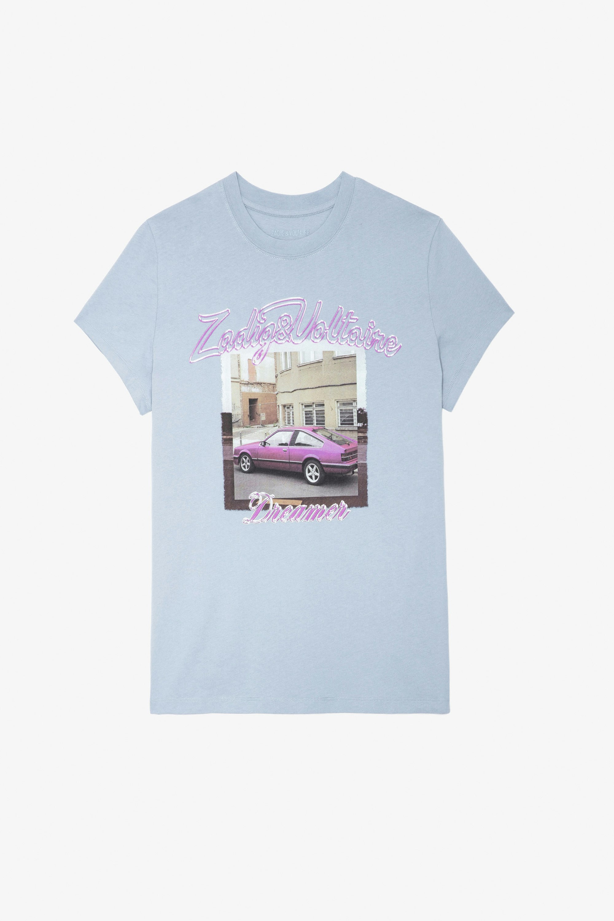 Camiseta con estampado fotográfico Zoe - Camiseta de algodón azul celeste con estampado fotográfico de coche rosa para mujer.