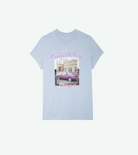 Zoe Photo Print T-shirt - Women’s sky blue cotton T-shirt with Pink Car photo print.