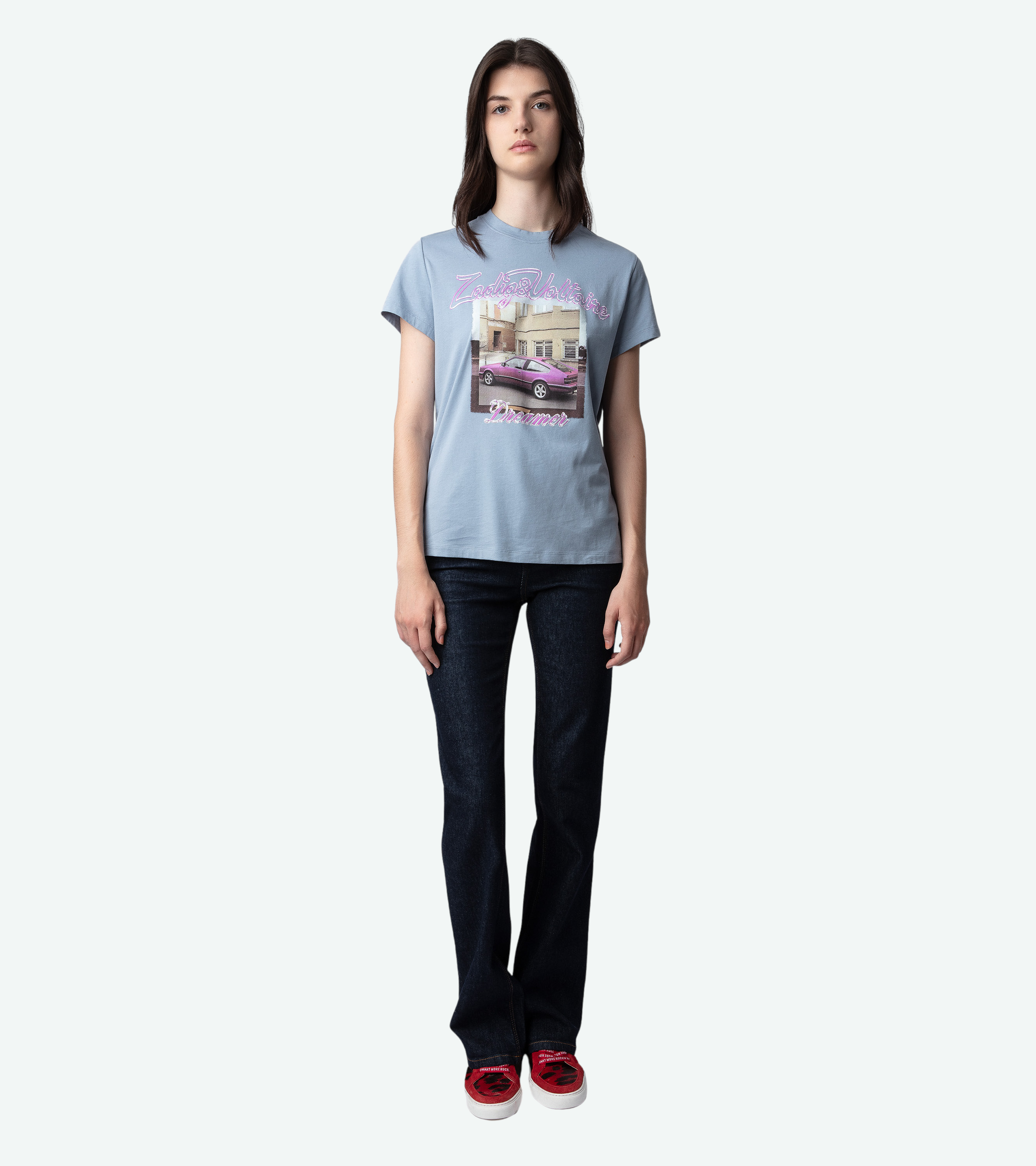 T-shirt Zoe Photoprint - T-shirt en coton bleu ciel orné d'un photoprint Pink Car.