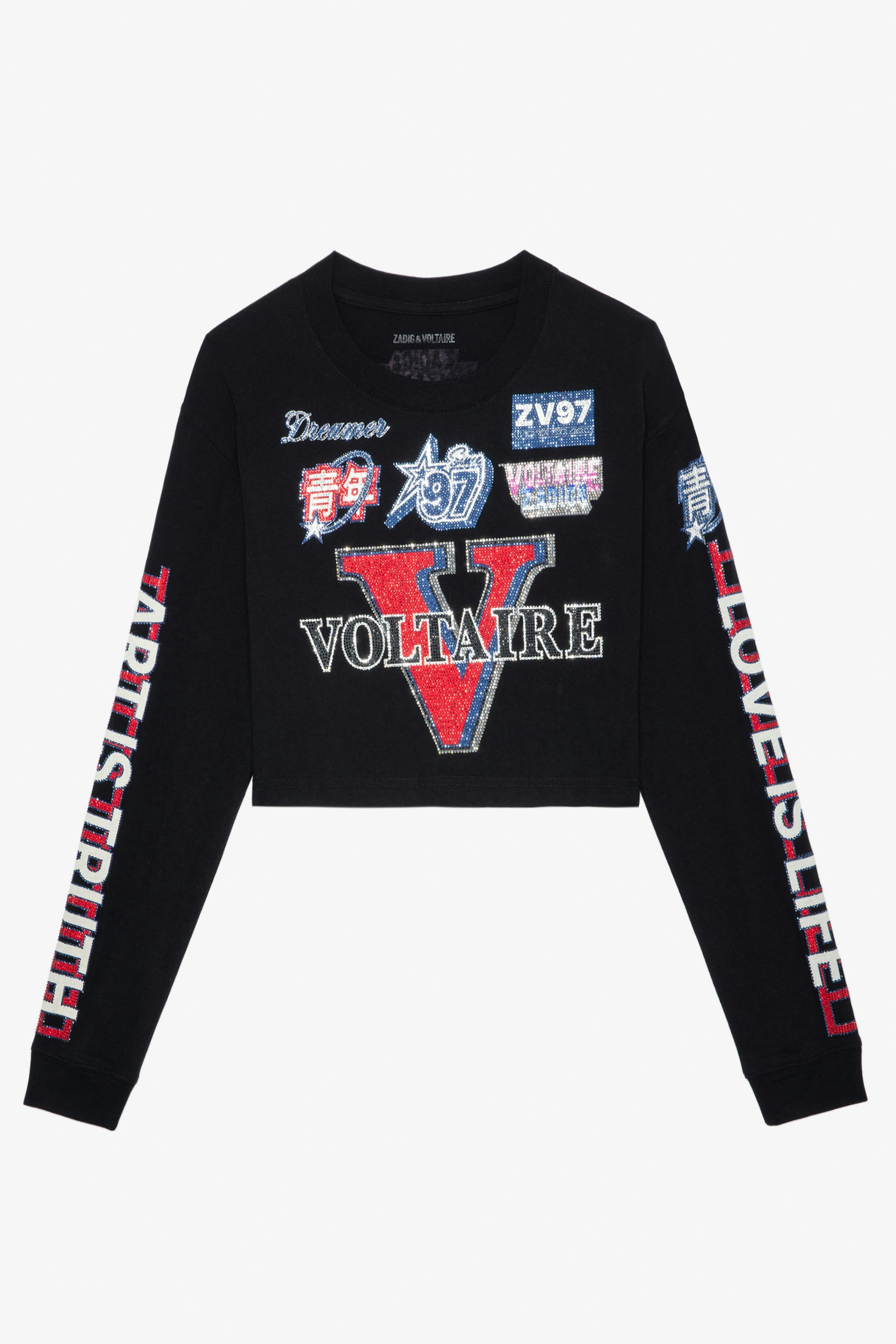 Camiseta Ioma Voltaire - Camiseta negra corta de algodón para mujer, de inspiración motera, manga larga, y con estampado de pines de Voltaire en strass.