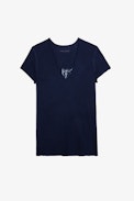 Camiseta Story Fishnet - Camiseta azul marino de algodón con águila bordada en la parte trasera para mujer.
