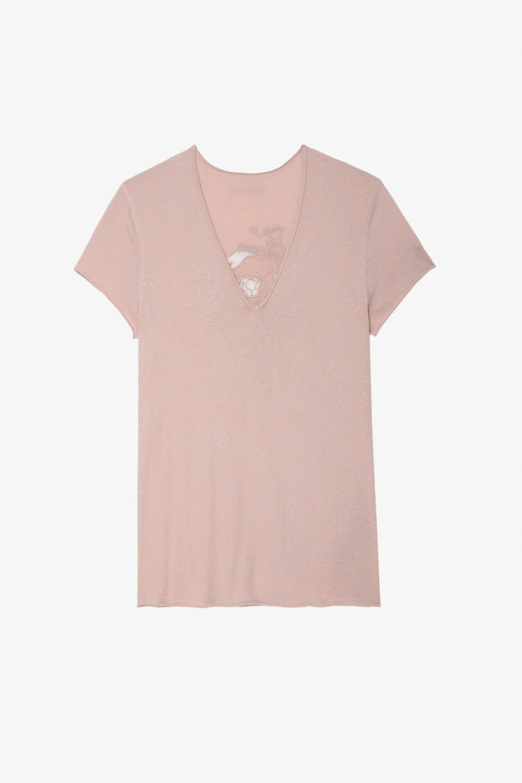 T-Shirt Story Fishnet - Damen-T-Shirt aus rosafarbener Baumwolle mit Totenkopfstickerei und Blumen auf der Rückseite