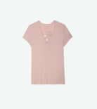 Story Fishnet T-Shirt - Women’s pink cotton T-shirt with skull and flowers embroidery on the back.