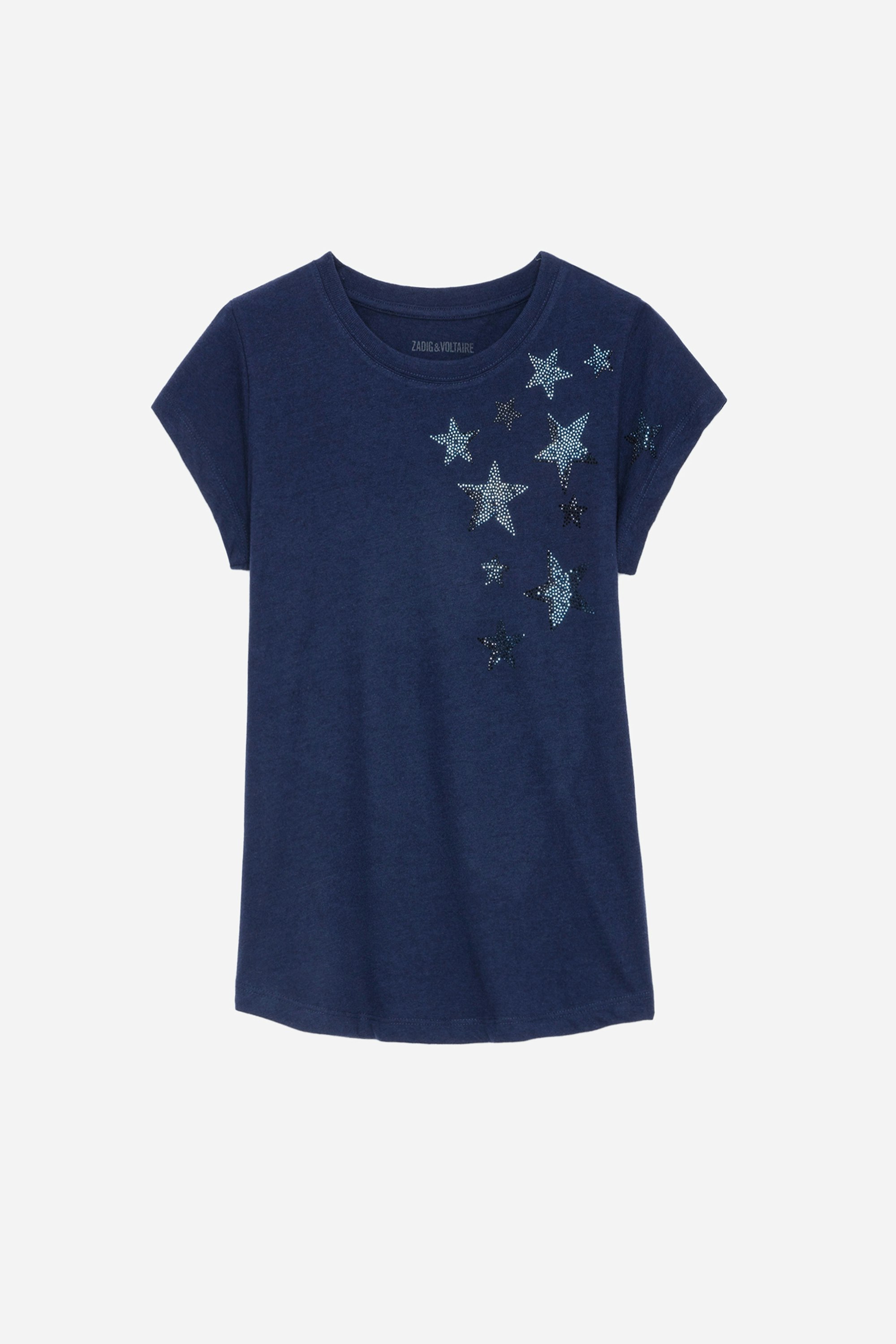 Skinny Stars  Ｔシャツ - レディース ネイビーブルー Diamantéスター装飾Tシャツ