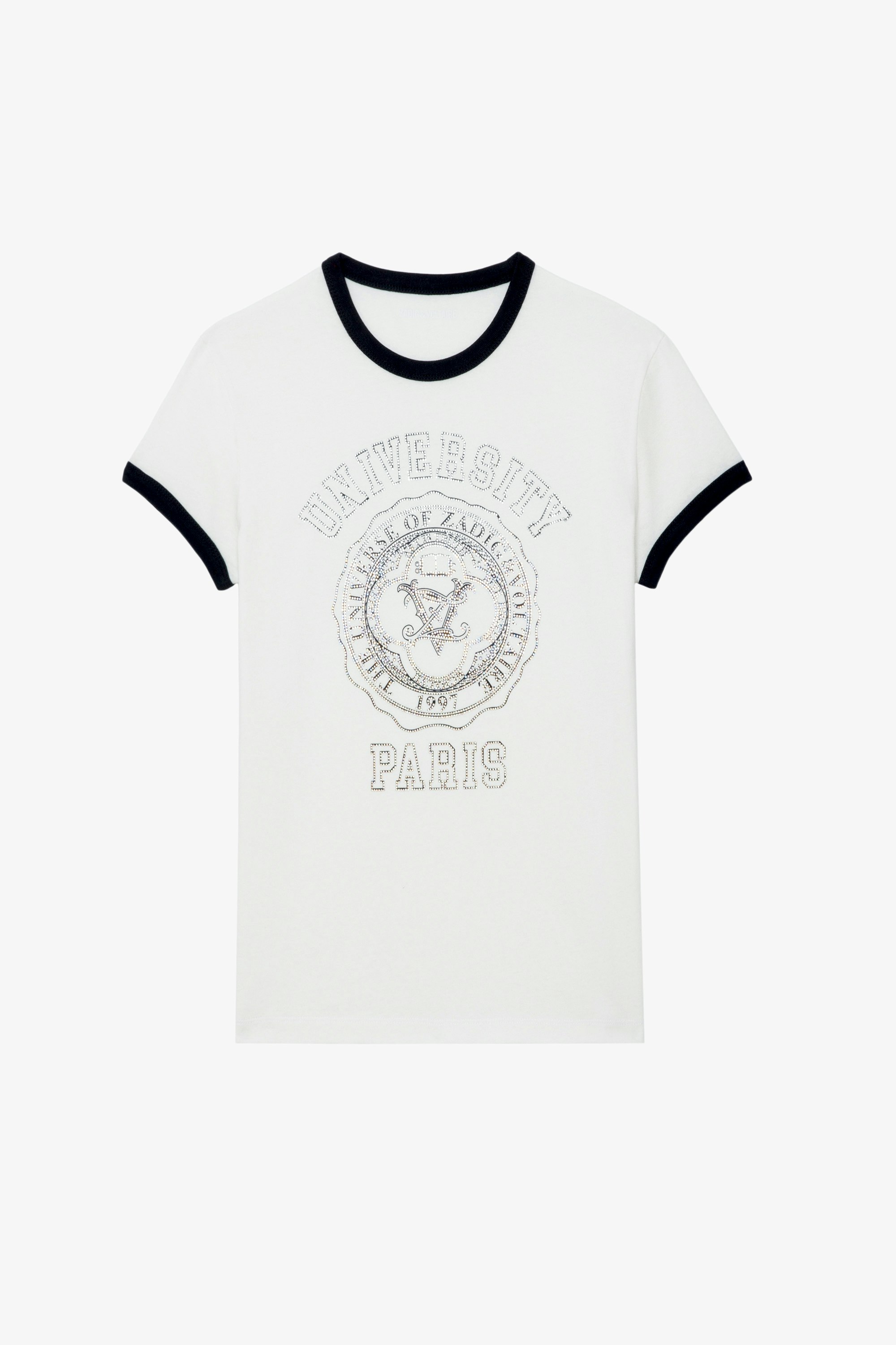 Camiseta Walk University Strass - Camiseta blanca de algodón con mangas cortas, motivo universitario con strass y bordes de contraste.