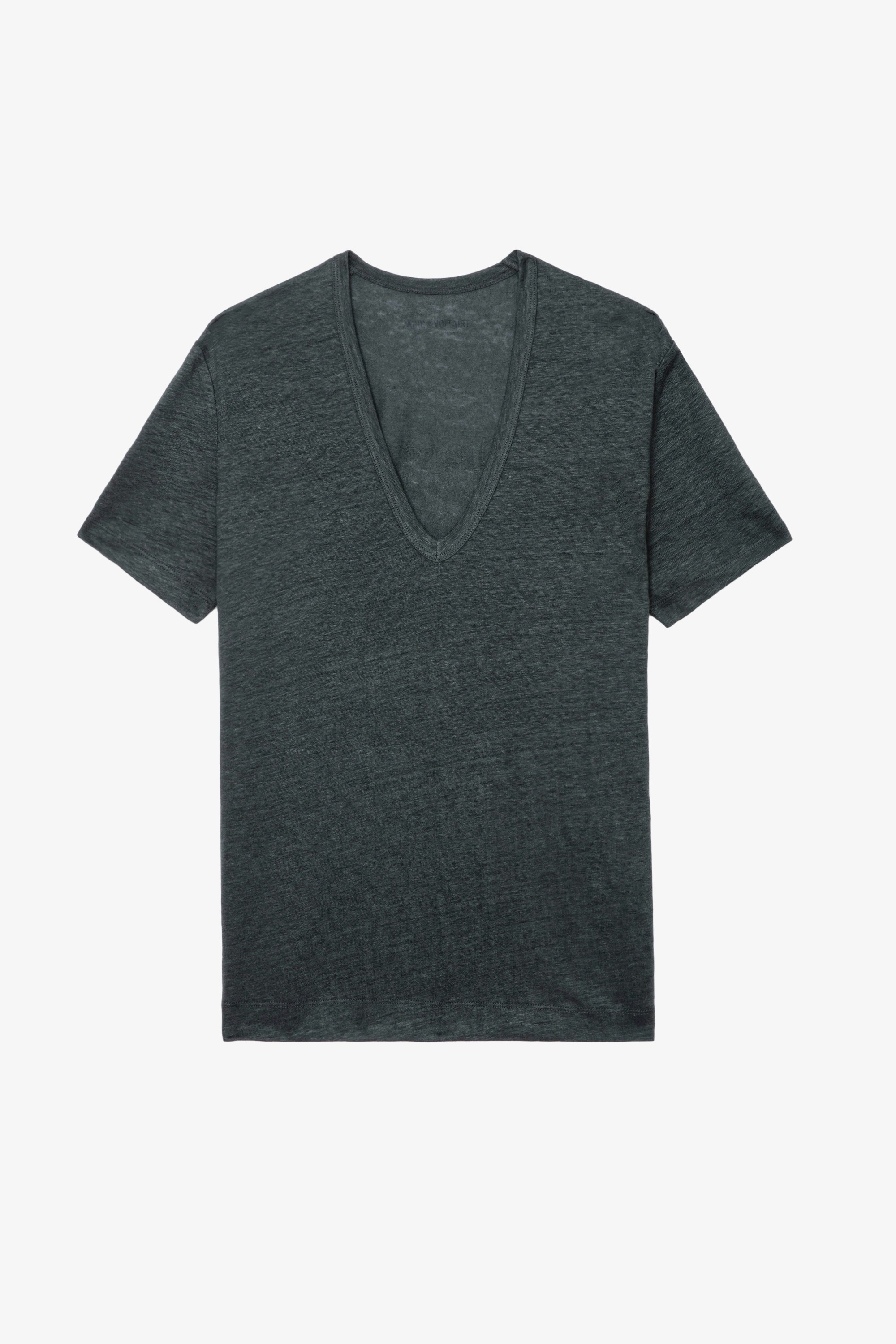 Wassa Linen T-shirt - Dark grey organic linen T-shirt with V neckline and short sleeves.
