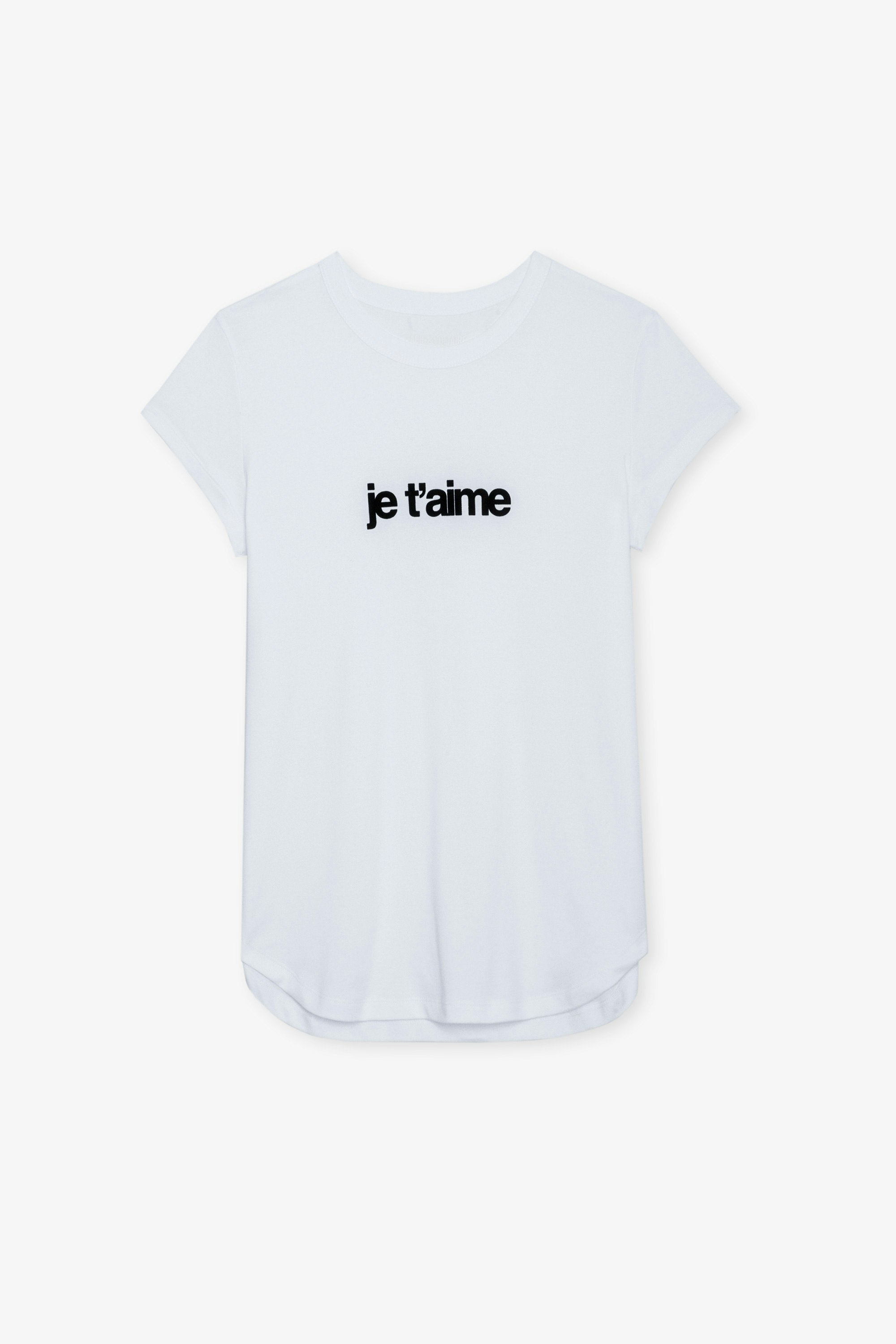Camiseta Woop Je T'aime - Camiseta blanca de algodón con cuello redondo, mangas cortas y mensaje flocado.